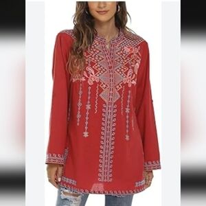 RED Embroidered Tunic Shirt Cotton Blend Boho Medium